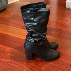 Black mid calf block heel boots